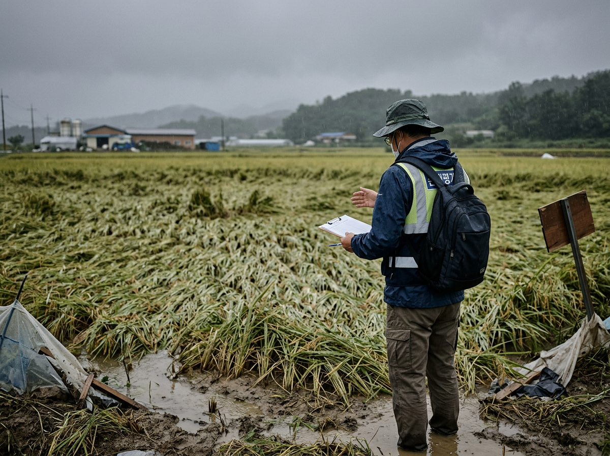 Person inspecting waterlogged crop field with clipboard and rain gear